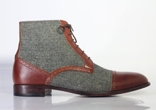 Load image into Gallery viewer, Bespoke Gray Brown Tweed Leather&amp;Leather Ankle Cap Toe Lace Up Boots - leathersguru
