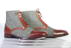 Bespoke Gray Brown Tweed Leather&Leather Ankle Cap Toe Lace Up Boots - leathersguru