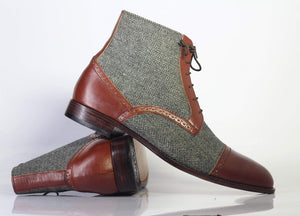 Men's Two Tone Ankle High Lace Up Leather Tweed Boot - leathersguru