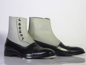 Men's Black White Ankle Button Top Leather Denim Boot - leathersguru