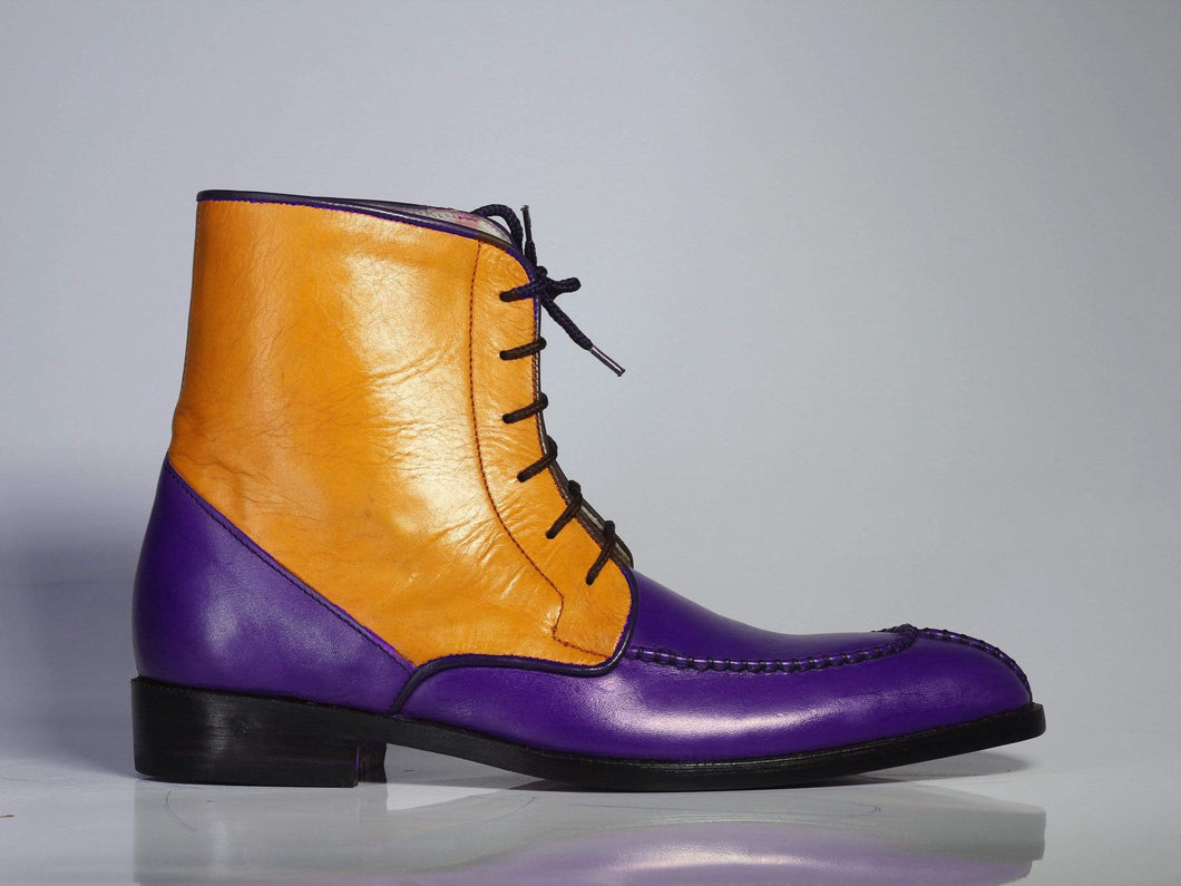 Men's Purple & Tan Ankle Split Toe Leather Lace Up Boot - leathersguru