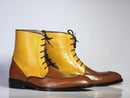 Men's Brown & Yellow Ankle Split Toe Leather Lace Up Boots - leathersguru