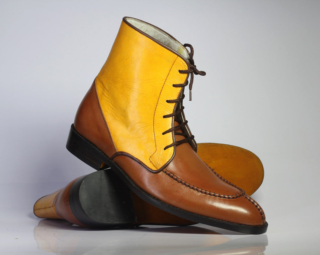 Bespoke Yellow & Brown Leather Split Toe Lace Up Boot - leathersguru