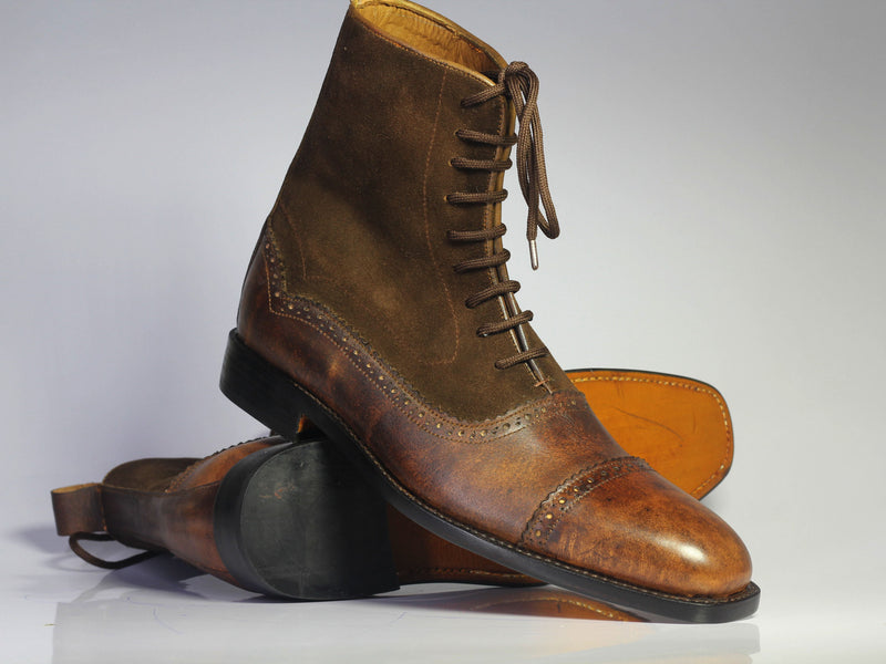Bespoke Brown Leather Suede Cap Toe Ankle Lace Up Boots - leathersguru