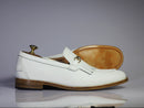 Bespoke White Leather Fringe Loafer For Men's - leathersguru