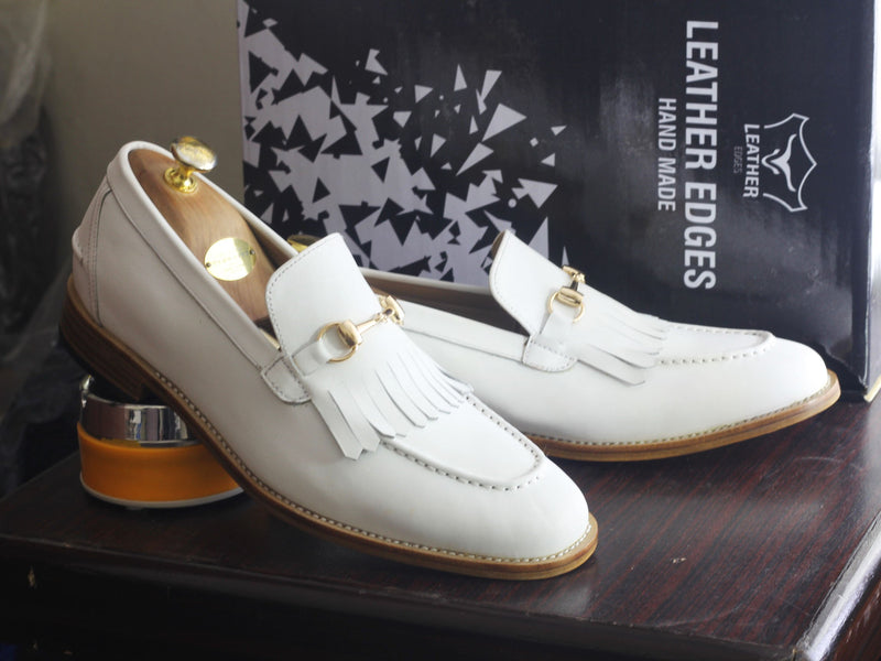 Bespoke White Leather Fringe Loafer For Men's - leathersguru