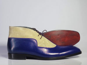 Men's Blue & Beige Lace Up Leather Suede Shoes - leathersguru