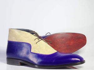 Men's Blue & Beige Lace Up Leather Suede Shoes - leathersguru