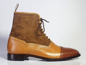 Bespoke Brown Tan Leather Suede Lace Up Ankle Boot - leathersguru