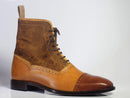 Men's Brown & Tan Ankle Cap Toe Leather Suede Lace Up Boots - leathersguru