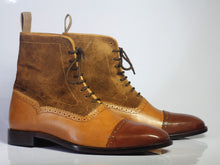 Load image into Gallery viewer, Bespoke Brown Tan Leather Suede Lace Up Ankle Boot - leathersguru
