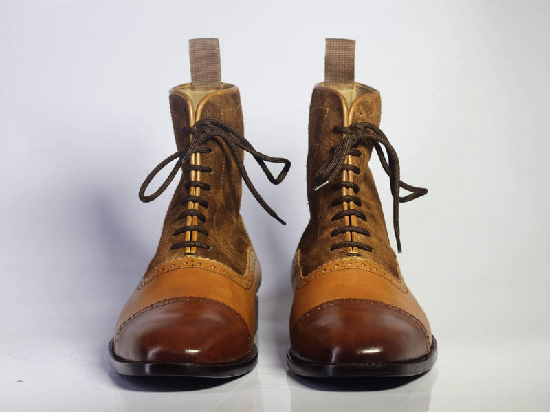 Men's Brown & Tan Ankle Cap Toe Leather Suede Lace Up Boots - leathersguru