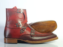 Load image into Gallery viewer, Bespoke Burgundy Leather High Ankle Monk Strap Boots - leathersguru
