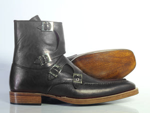 Bespoke Black Leather High Ankle Monk Strap Boots - leathersguru