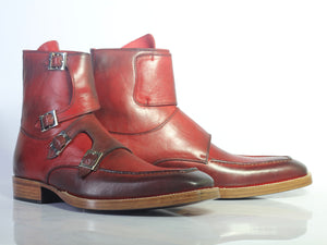 Bespoke Burgundy Leather High Ankle Monk Strap Boots - leathersguru
