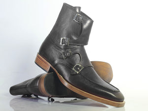 Bespoke Black Leather High Ankle Monk Strap Boots - leathersguru