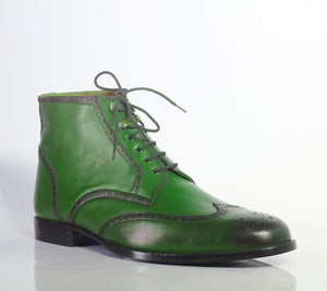 Men's Green Ankle Wing Tip Brogue Leather Lace Up boot - leathersguru