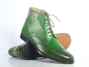 Bespoke Green Leather Wing Tip Ankle Lace Up Boots - leathersguru