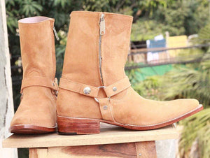 Handmade Beige Side Zipper Ankle Boots - leathersguru