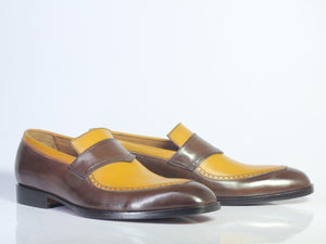 Bespoke Yellow Chocolate Brown Loafer Leather  Shoes for Men's - leathersguru