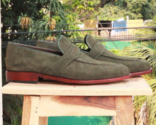 Load image into Gallery viewer, Handmade Green Suede Loafers Shoe - leathersguru
