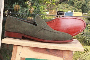 Handmade Green Suede Loafers Shoe - leathersguru