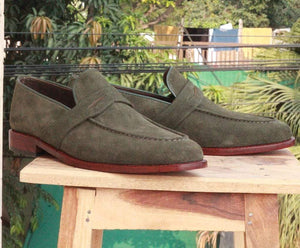 Handmade Green Suede Loafers Shoe - leathersguru