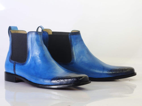 Men's Blue Brogue Toe Chelsea Leather Boots - leathersguru