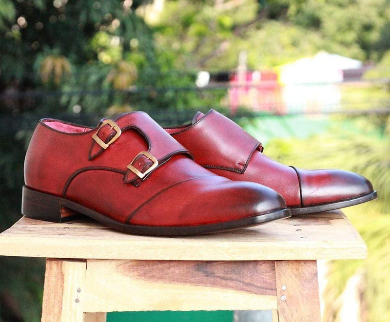 Men's Burgundy Leather Monk Shoe - leathersguru