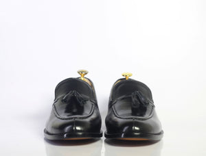 Bespoke Black Leather Tussle Loafer Shoes - leathersguru