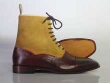 Load image into Gallery viewer, Bespoke Yellow &amp; Burgundy Leather Ankle Cap Toe Lace Up Boot - leathersguru
