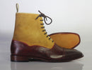 Bespoke Yellow & Burgundy Leather Ankle Cap Toe Lace Up Boot - leathersguru