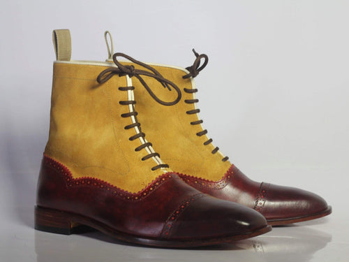 Men's Burgundy & Tan Ankle Cap Toe Leather Suede Lace Up Boots - leathersguru