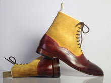 Load image into Gallery viewer, Bespoke Yellow &amp; Burgundy Leather Ankle Cap Toe Lace Up Boot - leathersguru
