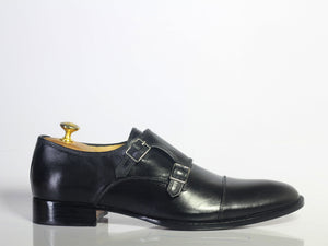 Bespoke Black Leather Monk Strap Shoe for Men's - leathersguru