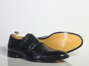 Bespoke Black Leather Monk Strap Shoe for Men's - leathersguru