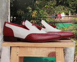 Bespoke Burgundy White Leather Suede Tussle Loafer Shoes - leathersguru