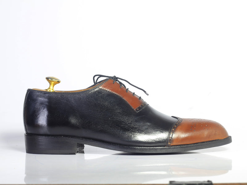 Bespoke Brown Black Leather Wing Tip Lace up Shoes - leathersguru