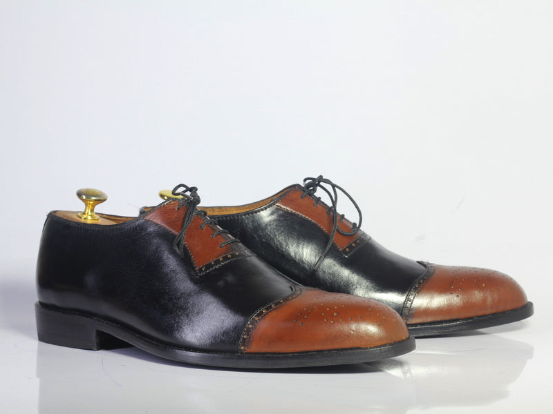 Bespoke Brown Black Leather Wing Tip Lace up Shoes - leathersguru