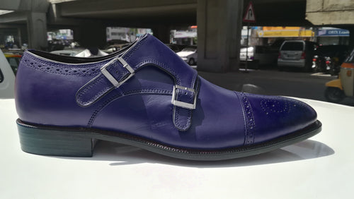 Bespoke Dark Blue Leather Monk Strap Cap Toe Shoe for Men - leathersguru