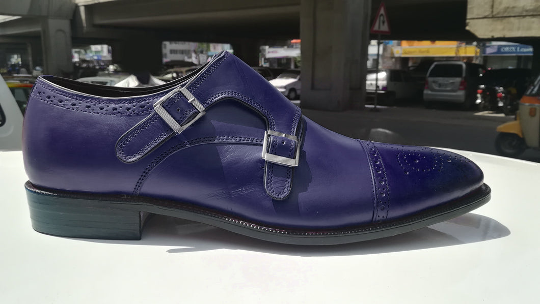 Bespoke Dark Blue Leather Monk Strap Cap Toe Shoe for Men - leathersguru