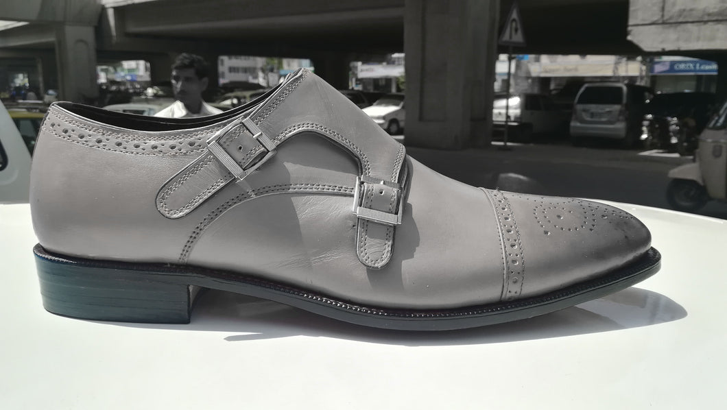 Bespoke Gray Leather Double Monk Strap Cap Toe Shoe for Men - leathersguru