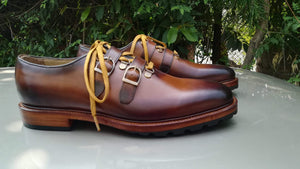 Handmade Brown Leather Monk Strap Lace Up Shoe - leathersguru