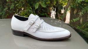 Bespoke White Leather Monk Strap Shoe for Men's - leathersguru