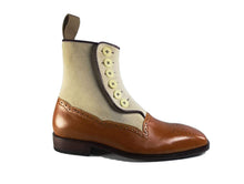 Load image into Gallery viewer, Leather Suede Beige Brown Brogue Button Boot - leathersguru
