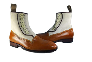 Leather Suede Beige Brown Brogue Button Boot - leathersguru