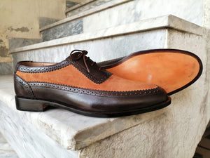 Handmade Men's Black Brown Leather Suede Round Toe Shoes - leathersguru