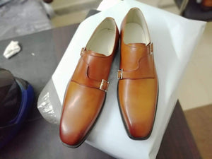 Handmade Tan Color Double Monk Leather Shoes - leathersguru