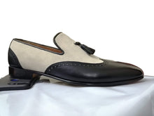 Load image into Gallery viewer, Handmade Beige Black Loafers Leather Suede Tussles Shoes - leathersguru
