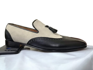 Handmade Beige Black Loafers Leather Suede Tussles Shoes - leathersguru